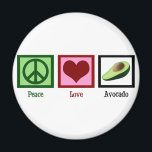 Aimant Peace Love avocat<br><div class="desc">Un joli signe de paix,  un coeur et un avocat vert cadeau. Très beau cadeau pour les amoureux du guacamole.</div>