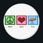 Aimant Peace Love Emu<br><div class="desc">J'aime Emu. Ce sont des oiseaux assez bizarres. Un signe de paix, un coeur et un oiseau ému.</div>