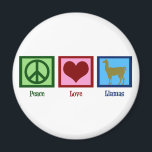 Aimant Peace Love Llamas<br><div class="desc">Un signe de paix, un coeur, et une jolie lama.</div>