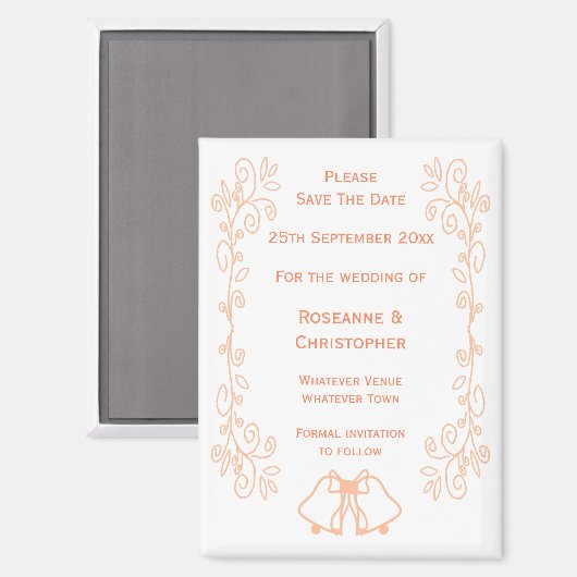 Aimant Peach Bells Scrollwork Wedding Enregistrer La Date (Recto/Verso)