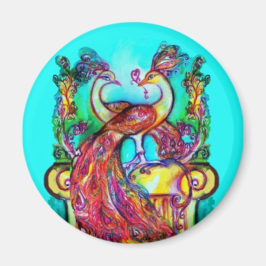 Aimant PEACOCKS IN LOVE MONOGRAM rouge bleu turquase vert (Devant)