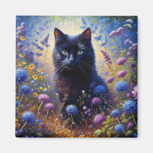 Aimant Peinture à l'huile de chat noir et de Fleurs sauva