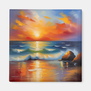 Aimant Peinture à l'huile de couché de soleil orange sur