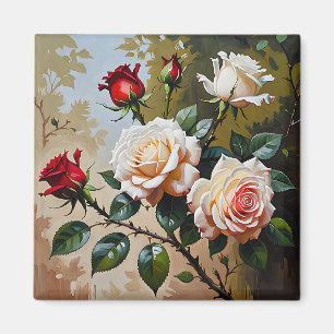 Aimant Peinture à l'huile rose blanche et rouge