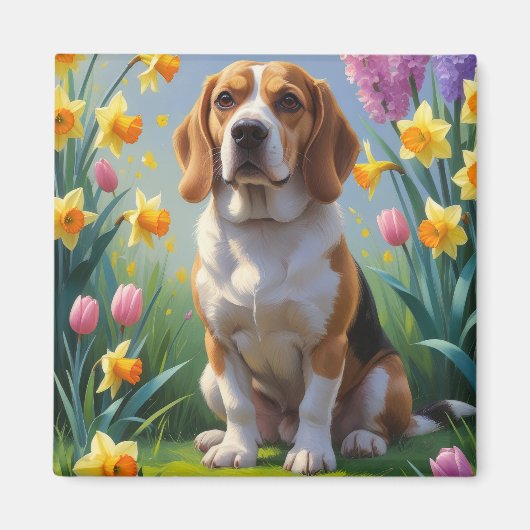 Aimant Peinture beagle Fleurs de printemps de chien (Devant)