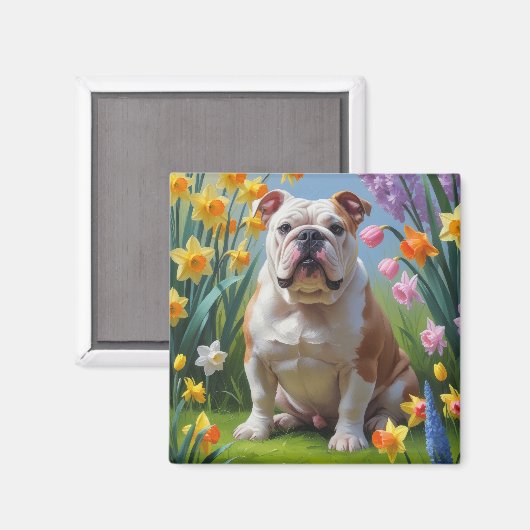 Aimant Peinture Bulldog Spring Flowers (Recto/Verso)