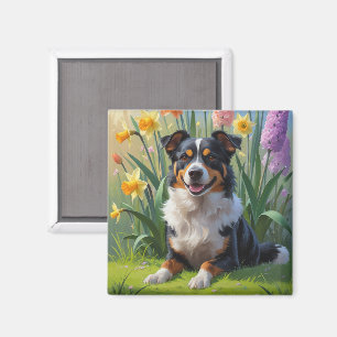 Aimant Peinture de fleurs de printemps de chien kelpie au
