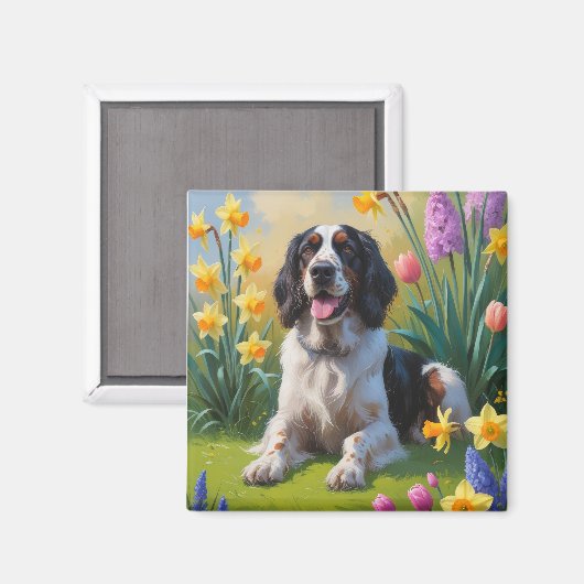 Aimant Peinture de fleurs de printemps de chien Setter An (Recto/Verso)