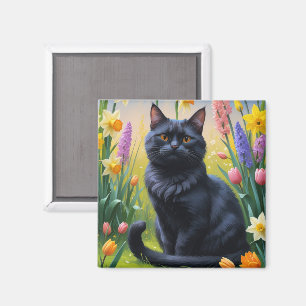 Aimant Peinture de fleurs printanières au chat noir