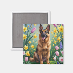 Aimant Peinture de fleurs printanières de Berger Allemand