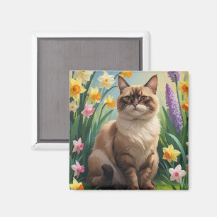 Aimant Peinture de fleurs printanières de chat abyssin