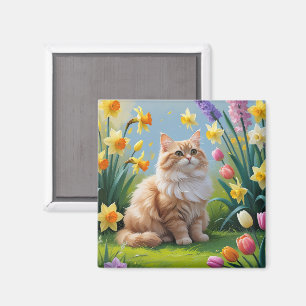 Aimant Peinture de fleurs printanières de chat angora tur
