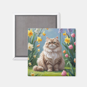 Aimant Peinture de fleurs printanières de chat persan