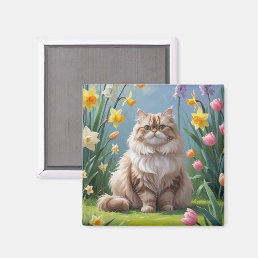 Aimant Peinture de fleurs printanières de chat persan (Recto/Verso)