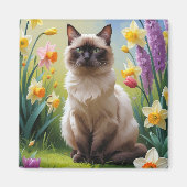 Aimant Peinture de fleurs printanières de chat siamois (Devant)