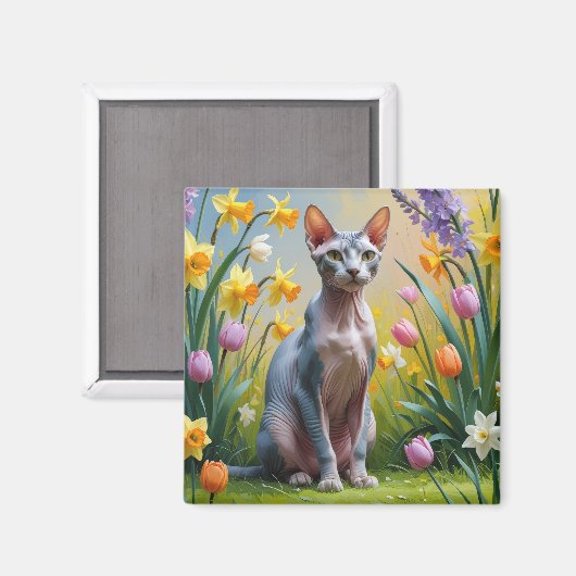 Aimant Peinture de fleurs printanières de chat Sphynx (Recto/Verso)