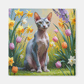 Aimant Peinture de fleurs printanières de chat Sphynx (Devant)