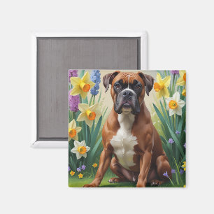 Aimant Peinture de fleurs printanières de chien Boxer