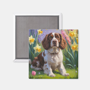 Aimant Peinture de fleurs printanières de chien Brittany