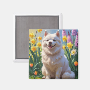 Aimant Peinture de fleurs printanières de chien esquimau