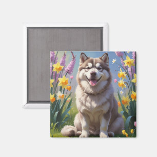 Aimant Peinture de fleurs printanières de chien Malamute