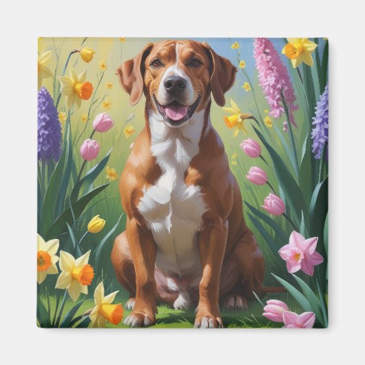 Aimant Peinture de fleurs printanières de chien Rhodesian (Devant)