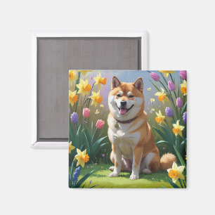 Aimant Peinture de fleurs printanières de chien Shiba Inu