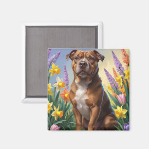 Aimant Peinture de fleurs printanières de chien Staffords