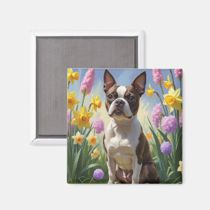Aimant Peinture de fleurs printanières de chien Terrier d