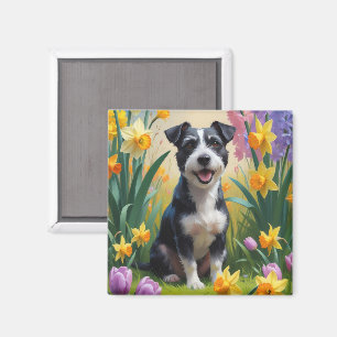 Aimant Peinture de fleurs printanières de chien Terrier R