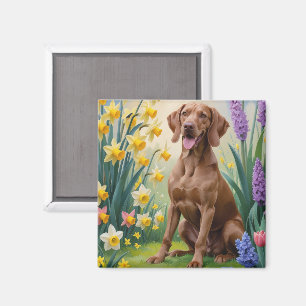 Aimant Peinture de fleurs printanières de chien Vizsla