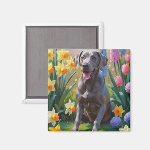 Aimant Peinture de fleurs printanières de chien Weimarane