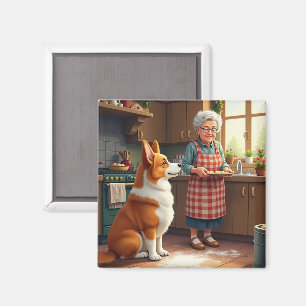 Aimant Peinture de Noël : Corgi faisant de la pâtisserie 