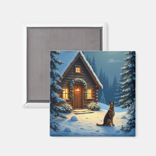 Aimant Peinture de Noël de cabane enneigée avec Berger Al