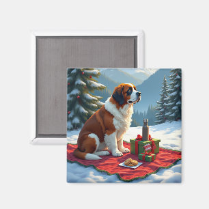 Aimant Peinture de Noël Pique-Nique d'Hiver Saint-Bernard