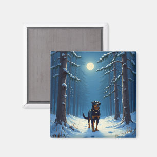 Aimant Peinture de Noël Rottweiler Randonnée Forêt Étoilé