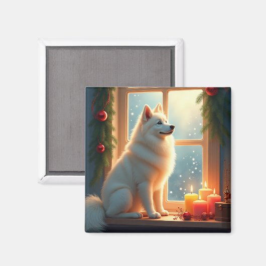 Aimant Peinture de Noël Samoyède sous le gui (Recto/Verso)