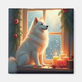 Aimant Peinture de Noël Samoyède sous le gui (Devant)