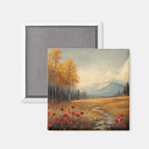 Aimant Peinture de Prairie Automnale Vintage avec Coqueli