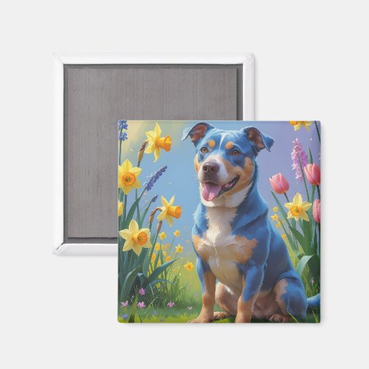 Aimant Peinture de printemps de Chien Heeler bleu (Recto/Verso)
