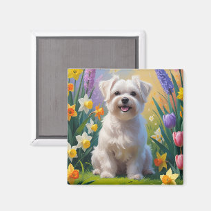 Aimant Peinture de printemps de chien maltais