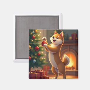 Aimant Peinture de Shiba Inu décorant l'arbre de Noël