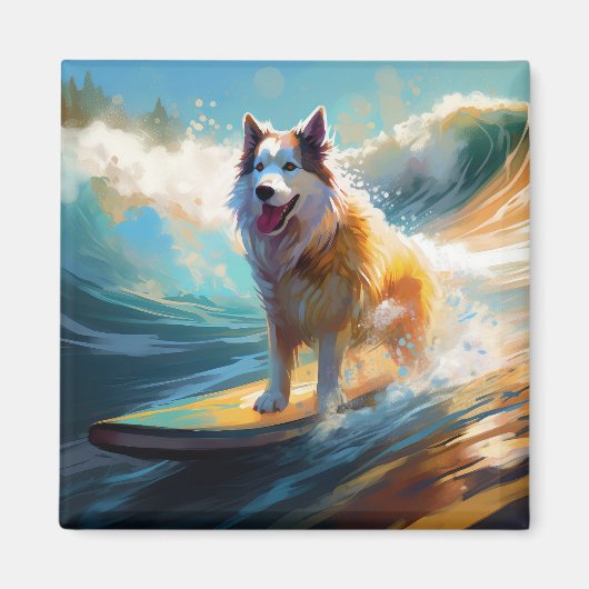 Aimant Peinture de surf de plage de Malamute d'Alaska (Devant)