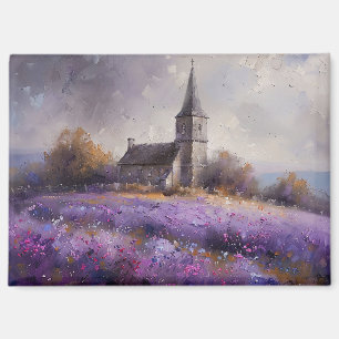 Aimant Peinture d'église rustique et champ de fleurs sauv