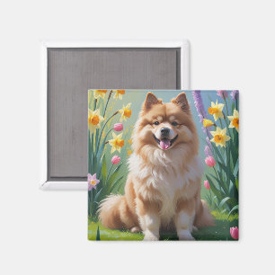 Aimant Peinture des fleurs de printemps de chien Keeshond