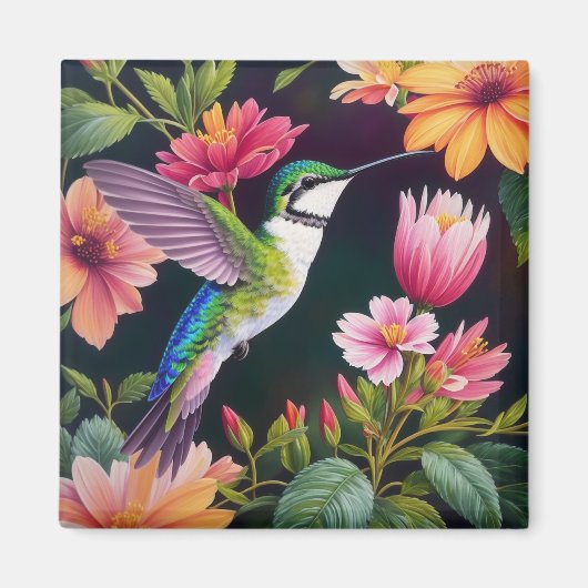 Aimant Peinture florale colorée de colibri (Devant)