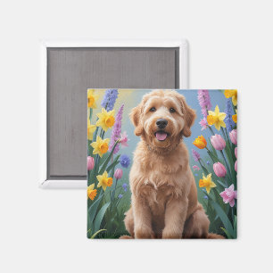 Aimant Peinture Goldendoodle Chien Fleurs de printemps
