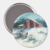 Aimant Peinture paysage neigeux Ferme rustique avec grang (Recto/Verso)