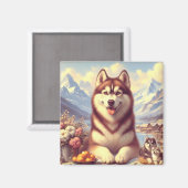 Aimant Peinture rétro Sibérienne Husky (Recto/Verso)