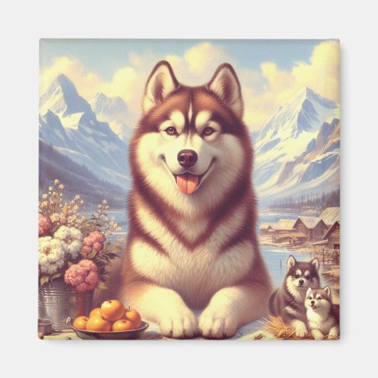 Aimant Peinture rétro Sibérienne Husky (Devant)
